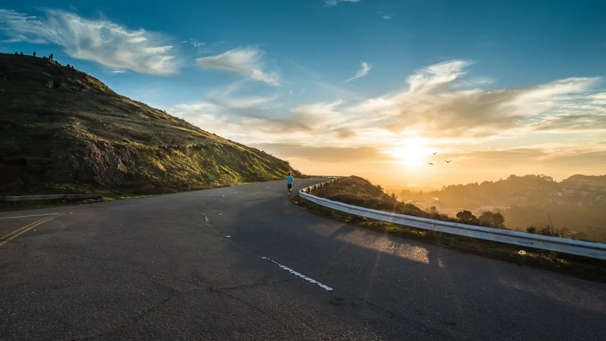 Curved highway lane with painted markings under a low evening sun